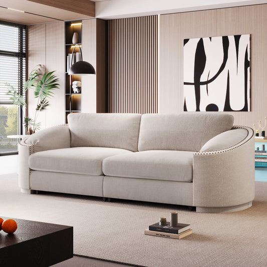 Stylish Sofa with Semilunar Arm, Rivet Detailing, and Solid Frame for