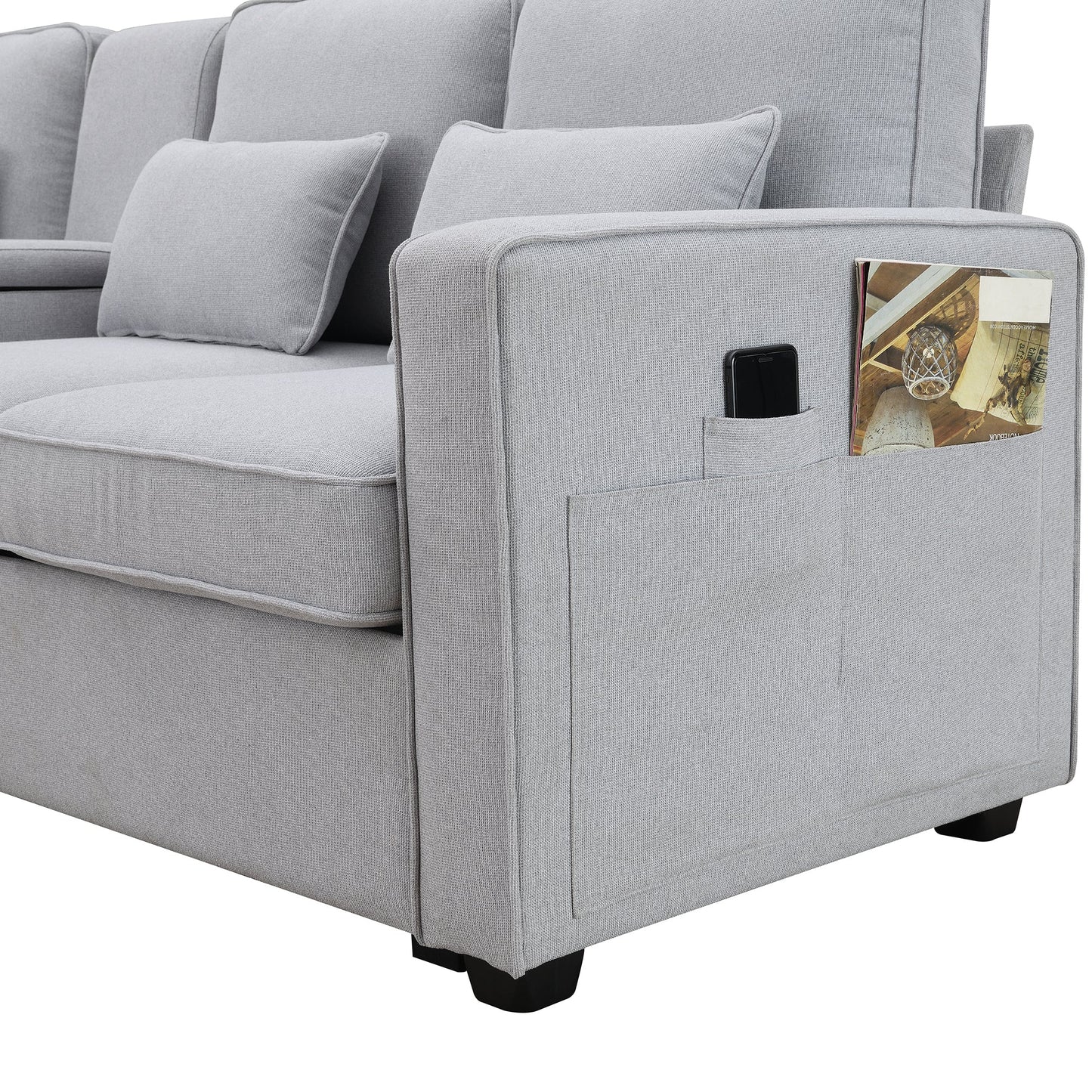 104" 4-Seater Modern Linen Fabric Sofa with Armrest Pockets and 4